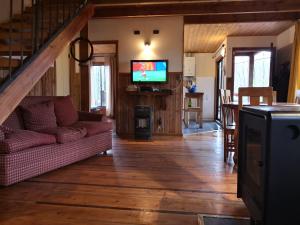 Una sala de estar con un sofá y un televisor de pantalla plana. en Cabaa Oregn con hot tub exclusivo cerca de termas y lago, en Coñaripe