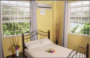a bedroom with a bed and two windows with flowers on it at Aanola Villas A3 Quietude Domicile in Charlotte