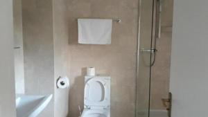a bathroom with a toilet and a shower and a toilet paper roll at Old Court Hotel & Suites in Symonds Yat