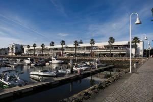 a group of boats docked in a harbor with a building at HENRI'S APARTMENTS - Pátio do Convento in Lagos