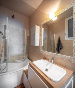 a bathroom with a sink and a shower and a tub at La finestra sul Lago in Dormelletto