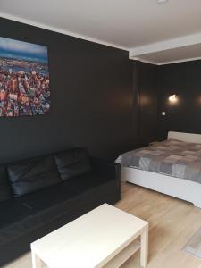 una sala de estar con una cama y un sofá en Mindaugo 1A, en Vilna