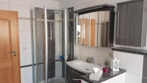 a bathroom with a shower and a sink at Ferienwohnung Schortestraße in Ilmenau +2 photos