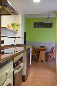 cocina con paredes verdes, fregadero y mesa en Casa Cabanyal, en Valencia
