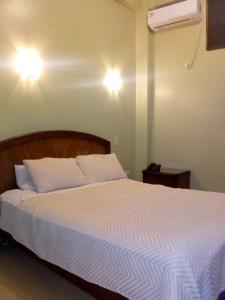 1 dormitorio con 1 cama blanca y 2 luces en la pared en Hostal Cristhian Inn, en Guayaquil
