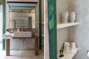 two pictures of a bathroom with a sink and a mirror at B&B Sant'Agostino in Palermo