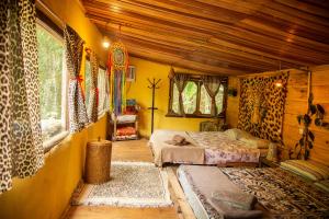a bedroom with two beds in a room with yellow walls at Eco Hostel Organic Life in Trindade