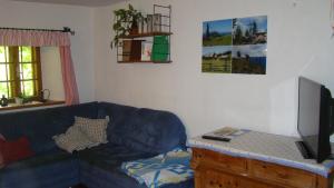 a living room with a blue couch and a tv at Ferienhaus Lenzau in Strohmarkt