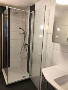a shower with a glass door in a bathroom at Ferienwohnung Bodensee LA in Langenargen