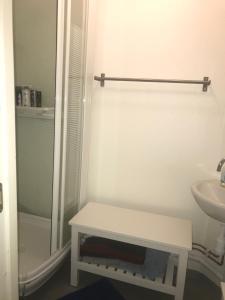 bagno con doccia, lavandino e tavolo di Brunius Bed and Breakfast a Lund