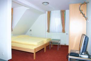 um quarto com uma cama e uma televisão em Das Apartmenthaus em Stuttgart