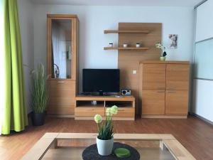 シュタインにあるSteiner Strandappartements Appartement 210 Südseite mit seitlichem Meerblickのリビングルーム(薄型テレビ、テーブル付)