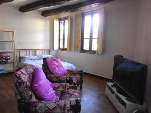 a living room with a bed and a tv at Le trou dans le mur in Uzerche