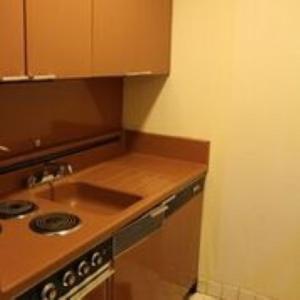 a small kitchen with a stove and a sink at Lake View Inn & Suites in Florence