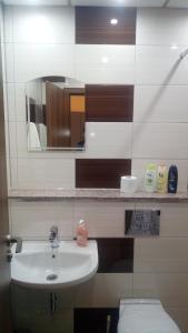 een badkamer met een wastafel, een toilet en een spiegel bij Hotel Lago Peshtera in Peshtera