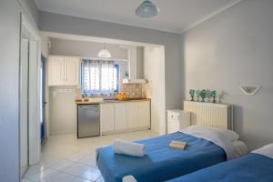 a bedroom with a blue bed and a kitchen at Orange Apartments in Vasiliki