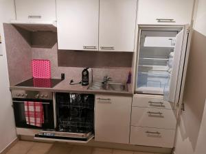 kuchnia ze zlewem i otwartą lodówką w obiekcie Zentrale, ruhige Wohnung nahe Murinsel & Kunsthaus w Grazu