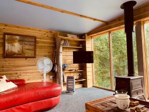 ヘイスティングスにあるThe Hyde Woodland Retreatのリビングルーム(赤い革張りのソファ、暖炉付)