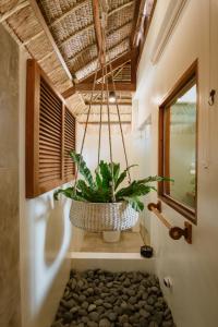 a plant in a basket hanging from a room at Las Palmas Villas and Casitas Siargao in General Luna