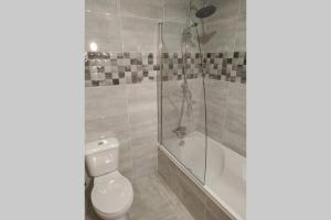a bathroom with a shower and a toilet and a tub at Casa da quintinha - Turismo rural in Arcos de Valdevez +11 photos