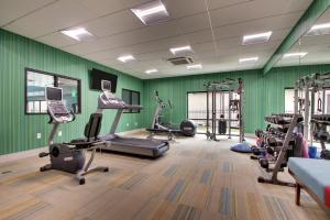 een fitnessruimte met groene muren en diverse loopbanden bij Holiday Inn Express & Suites Helen, an IHG Hotel in Helen
