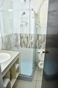a bathroom with a shower and a toilet and a sink at Aanola Villas A4 Spacious Caribbean Casa in Charlotte