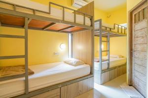 ウブドにあるKememai Hostelの黄色い壁の客室で、二段ベッド2組が備わります。