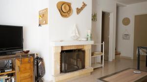 sala de estar con chimenea y TV de pantalla plana en Villa Paradise by MarCalma en Montroig