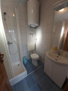 a bathroom with a toilet and a shower and a sink at Apartments Kolak in Rogoznica +52 photos