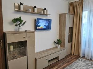 a living room with a cabinet and a tv on a wall at Charming apartment in villa Ap2 in Iaşi