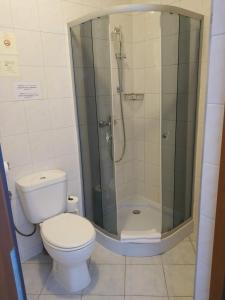 ヴィエリチカにあるHotel Górskoのバスルーム(トイレ、ガラス張りのシャワー付)