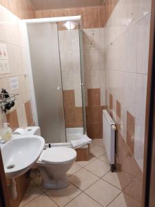 a bathroom with a toilet and a sink and a shower at Hotel Górsko in Wieliczka