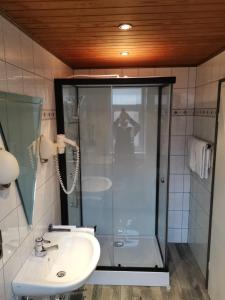 a bathroom with a shower and a sink at Pension Abshoff in Meschede