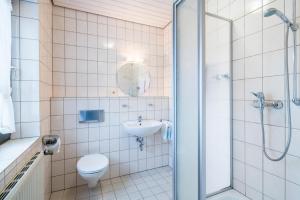 a white toilet sitting next to a shower in a bathroom at Pension Haus Anny in Deudesfeld