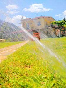 een brandkraan die water spuit in een veld bij Ktima Ampares in Karpenisi