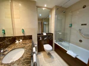 a bathroom with a sink and a toilet and a shower at Glashaus Hotel in Tallaght