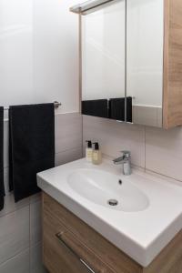 uma casa de banho com um lavatório branco e um espelho. em BIT-City Studio und Appartement em Bitburg