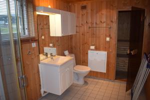 a bathroom with a toilet and a sink and a mirror at Skeikampen Booking in Svingvoll +192 photos