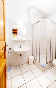 a bathroom with a shower and a sink at Frieslandstern - Ferienhof und Hotel in Wangerland