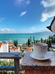 eine Tasse Kaffee auf einem Tisch mit Aussicht in der Unterkunft Villa Mihaela in Ičići