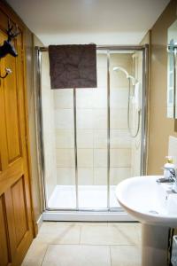 a bathroom with a shower and a sink at Kirkstyle Hideaway in Arbroath