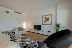 CCIB Forum Deluxe Apartment في برشلونة: غرفة معيشة مع أريكة وتلفزيون