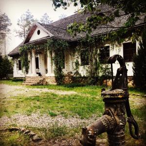 Uma casa velha com uma boca de incêndio à frente. em Dworek Lipowy Most em Supraśl