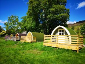 a wooden bench sitting in the middle of a grassy field at Craskie Glamping Pods in Inverness