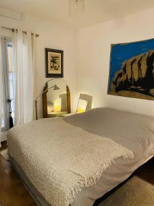 1 dormitorio con 1 cama y una pintura en la pared en La suite Galerie d'ART, en Céret