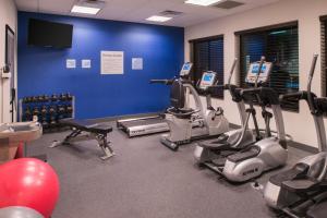 een fitnessruimte met cardio-apparatuur en een blauwe muur bij Holiday Inn Express & Suites Bakersfield Airport, an IHG Hotel in Bakersfield