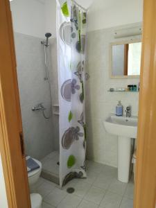 a bathroom with a shower and a toilet and a sink at Vitzileos Studios in Agios Prokopios