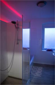 ein Bad mit einer Glasdusche mit rotem Licht in der Unterkunft Ferienwohnung K4 in Freital