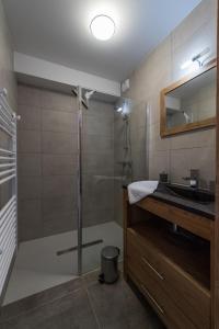 uma casa de banho com um lavatório e um chuveiro em ODYSSEE B201 - Magnifique Duplex sur les pistes em La Toussuire