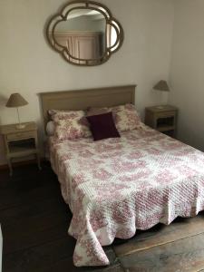 a bedroom with a bed and a mirror on the wall at Le Boustrophédon in Antraigues
